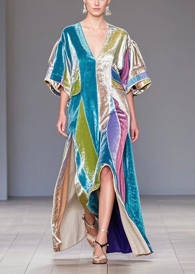 Casual Colorblock Asymmetrical Side Open Silk Velvet Long Dress Fall