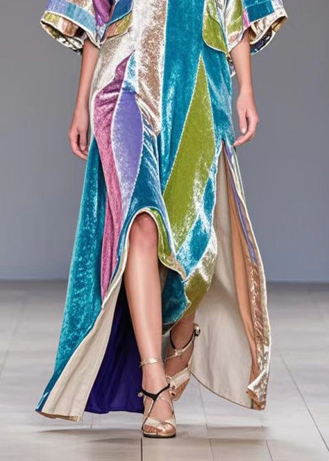 Casual Colorblock Asymmetrical Side Open Silk Velvet Long Dress Fall