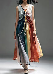 Casual Colorblock Cinched Patchwork Cotton Dresses Sleeveless