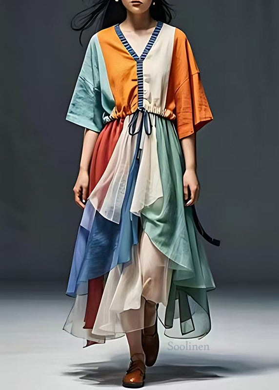 Casual Colorblock Cinched Patchwork Cotton Vacation Dresses Summer