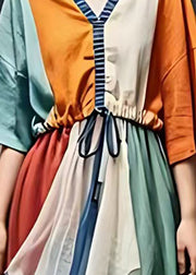 Casual Colorblock Cinched Patchwork Cotton Vacation Dresses Summer