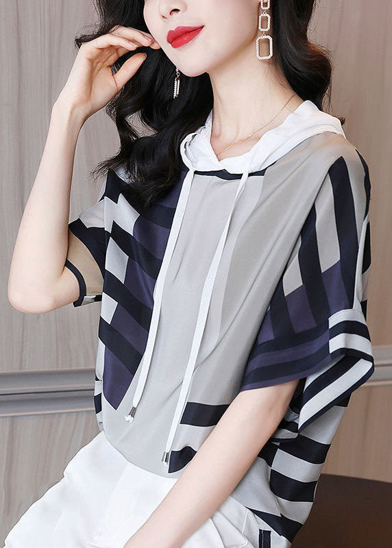 Casual Coloblock Hooded Oversize Print Silk Shirt Summer