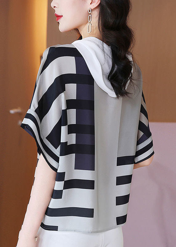 Casual Coloblock Hooded Oversize Print Silk Shirt Summer