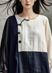 Casual Colorblock O Neck Patchwork Cotton Tops Long Sleeve