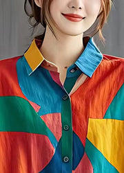 Casual Colorblock Oversized Patchwork Linen Tops Summer