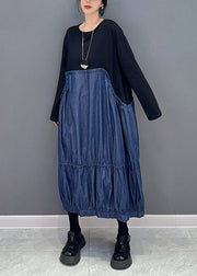 Casual Colorblock Oversized Patchwork Wrinkled Denim Dress Spring