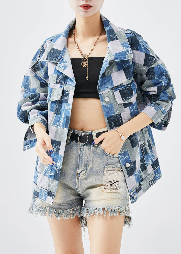 Casual Colorblock Oversized Plaid Denim Coats Fall