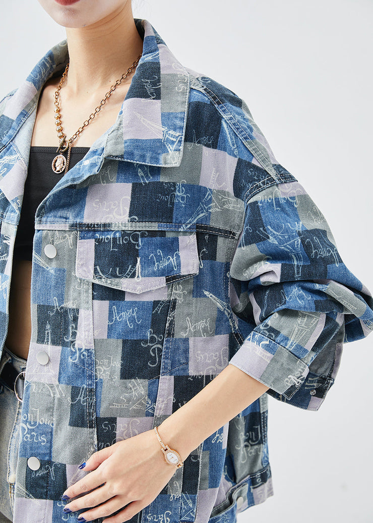 Casual Colorblock Oversized Plaid Denim Coats Fall