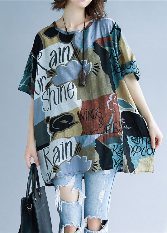 Casual Colorblock Oversized Print Cotton Tops Summer