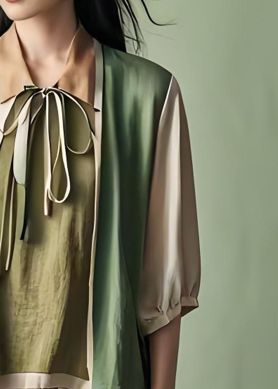 Casual Colorblock Peter Pan Collar Lace Up Patchwork Cotton Top Summer