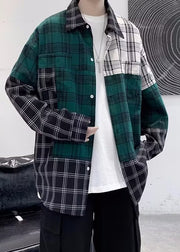 Casual Colorblock Plaid Pockets Cotton Men Shirts Fall