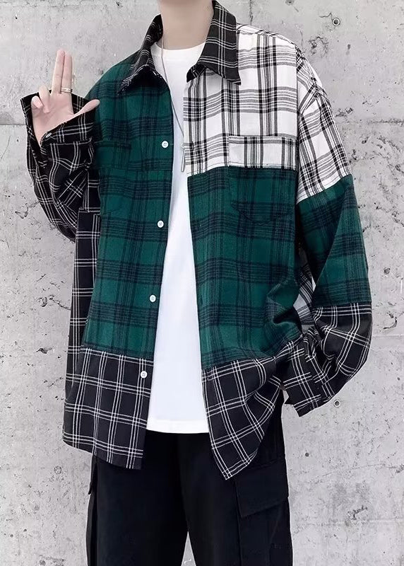 Casual Colorblock Plaid Pockets Cotton Men Shirts Fall