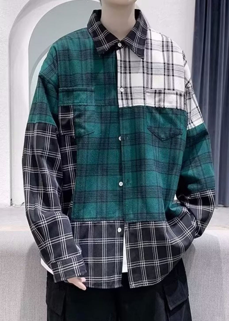 Casual Colorblock Plaid Pockets Cotton Men Shirts Fall