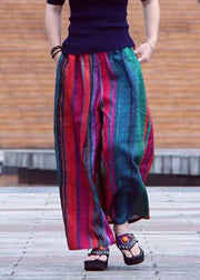 Casual Colorblock Pockets Striped Cotton Wide Leg Pants Summer