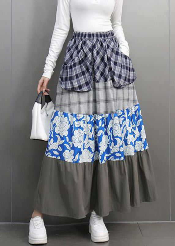 Casual Colorblock Print Plaid Elastic Waist Maxi Skirts Spring