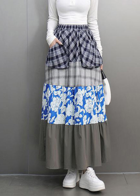 Casual Colorblock Print Plaid Elastic Waist Maxi Skirts Spring