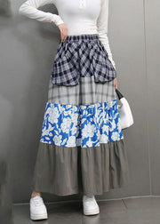 Casual Colorblock Print Plaid Elastic Waist Maxi Skirts Spring