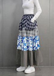 Casual Colorblock Print Plaid Elastic Waist Maxi Skirts Spring