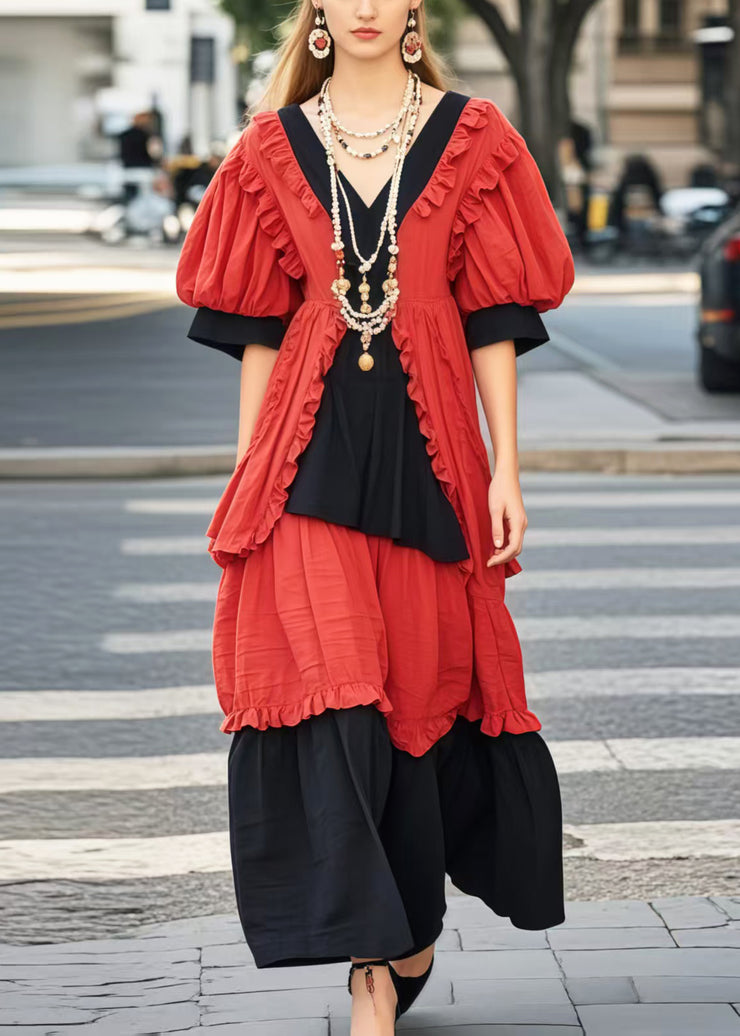 Casual Colorblock Ruffled Patchwork Cotton Maxi Dresses Summer