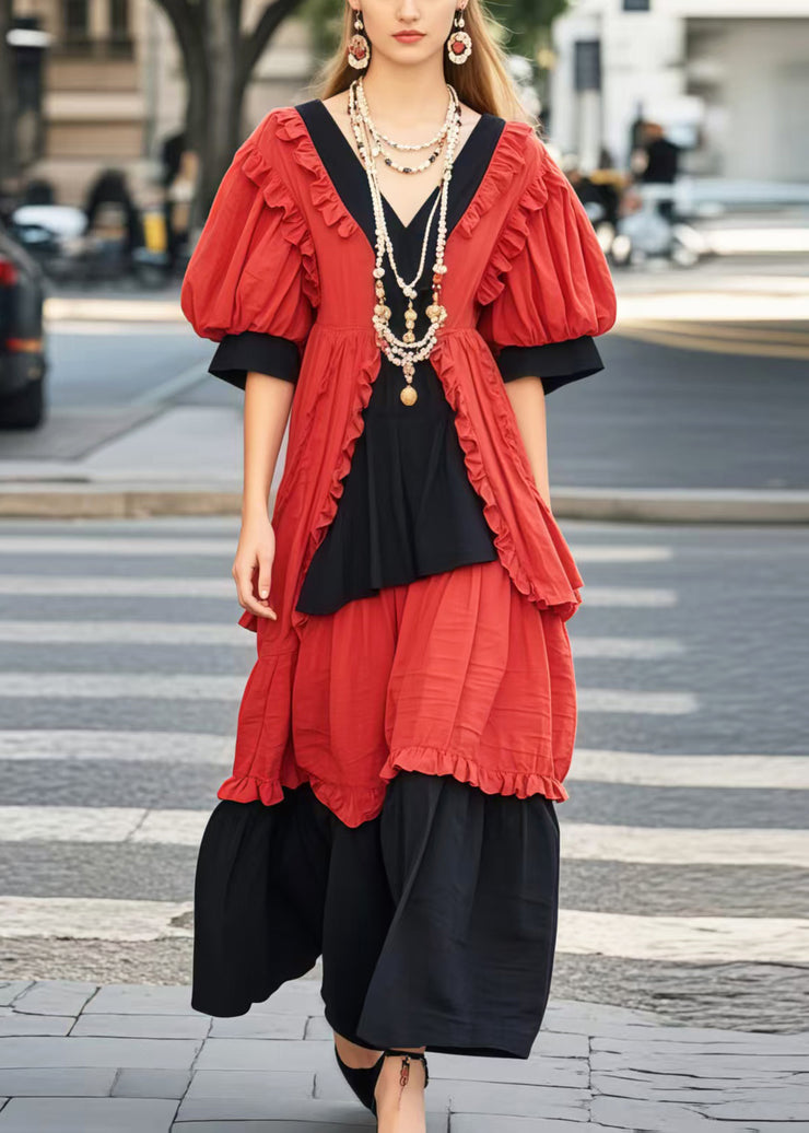 Casual Colorblock Ruffled Patchwork Cotton Maxi Dresses Summer