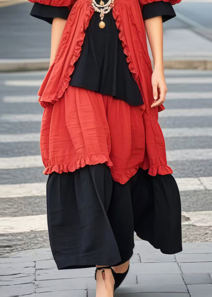 Casual Colorblock Ruffled Patchwork Cotton Maxi Dresses Summer