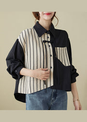 Casual Colorblock Striped Tasseled Patchwork Cotton Shirt Top Fall