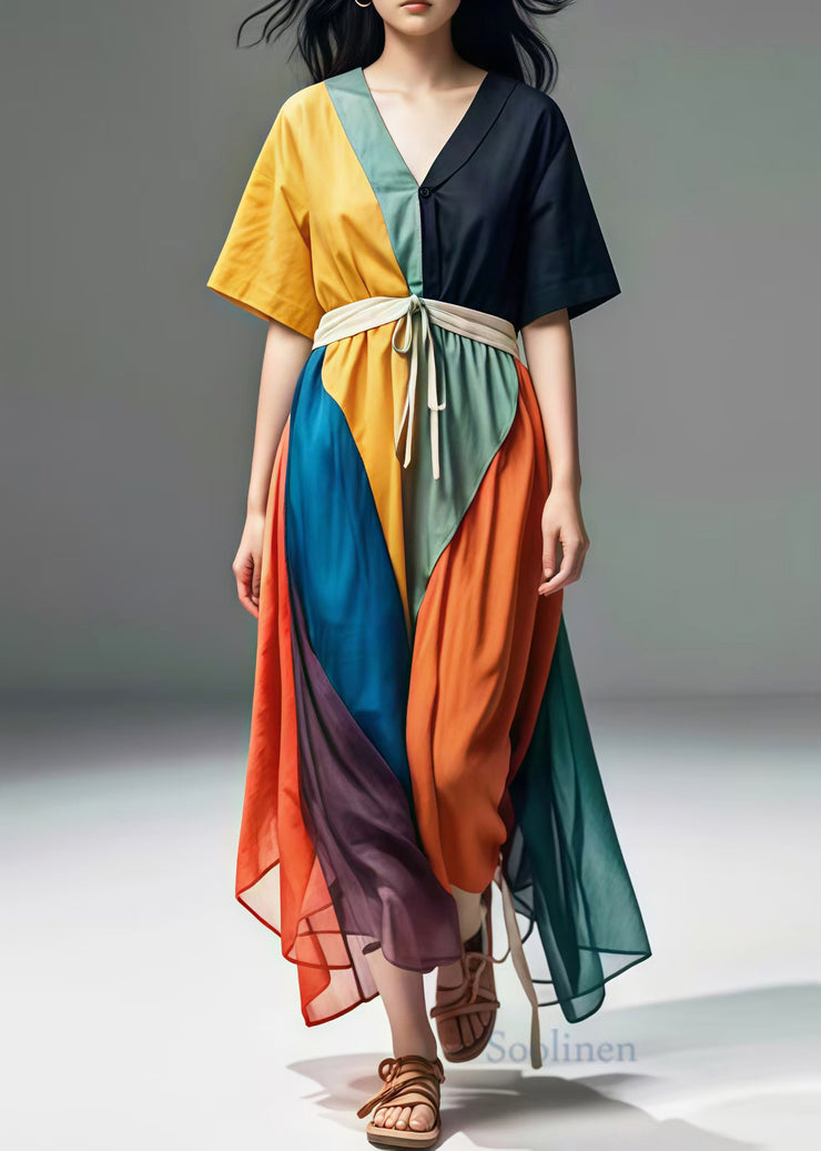 Casual Colorblock V Neck Patchwork Cotton Maxi Dresses Summer