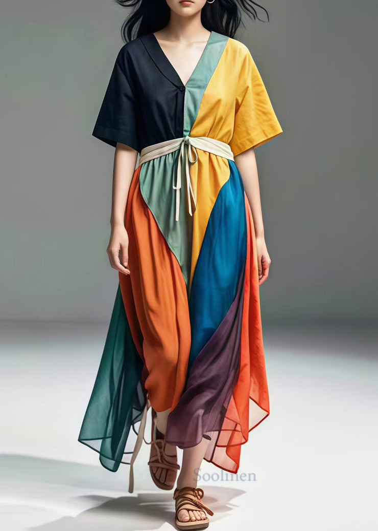 Casual Colorblock V Neck Patchwork Cotton Maxi Dresses Summer