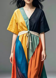 Casual Colorblock V Neck Patchwork Cotton Maxi Dresses Summer