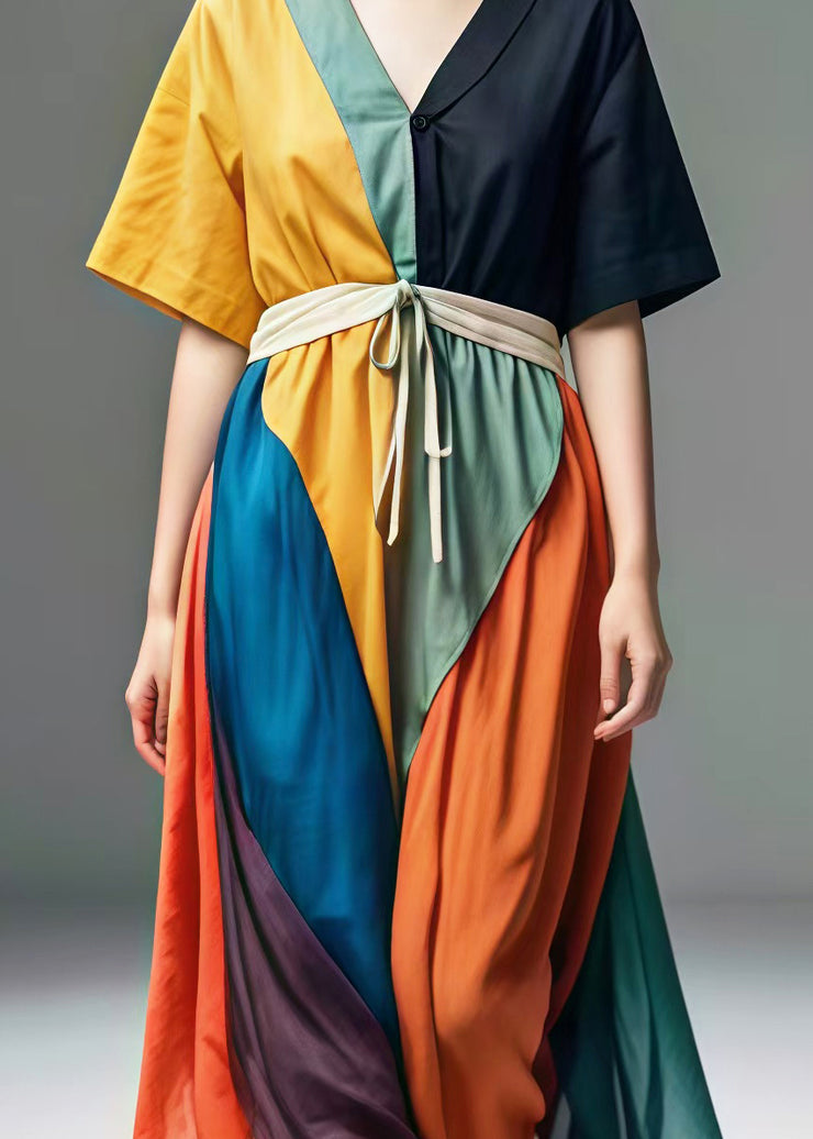 Casual Colorblock V Neck Patchwork Cotton Maxi Dresses Summer