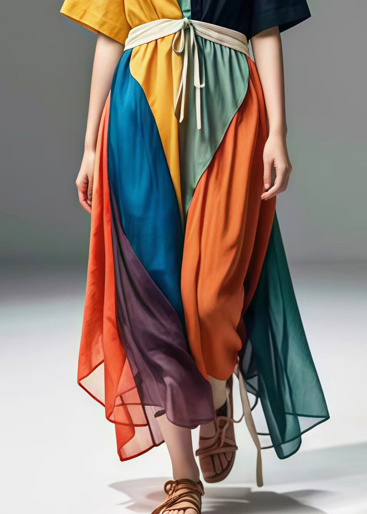 Casual Colorblock V Neck Patchwork Cotton Maxi Dresses Summer