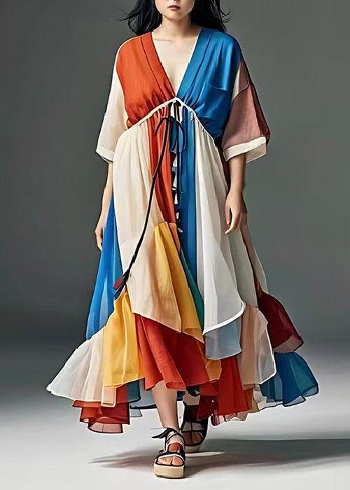 Casual Colorblock V Neck Patchwork Exra Large Hem Cotton Holiday Dress Summer