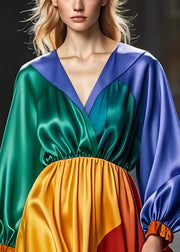 Casual Colorblock V Neck Patchwork Silk Long Dress Spring