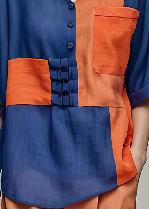 Casual Colorblock V Neck Pockets Patchwork Cotton Tops Summer