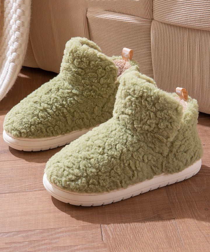 Casual Comfy Green Faux Fur Flat Shoes Fuzzy Wool Lined