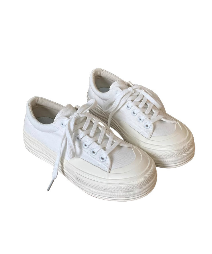 Casual Comfy White Lace Up Splicing Canvas Flat Shoes