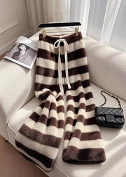 Casual Cozy Coffee Striped Fuzzy Fur Pants Spring