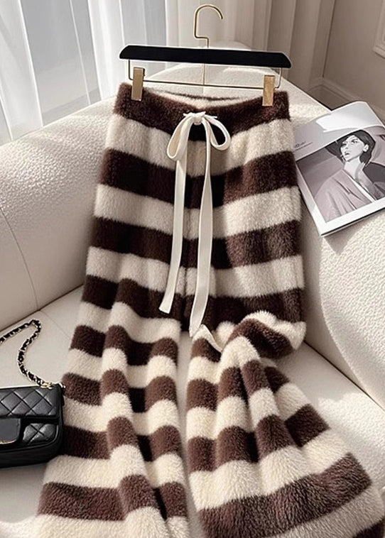 Casual Cozy Coffee Striped Fuzzy Fur Pants Spring