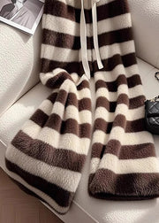 Casual Cozy Coffee Striped Fuzzy Fur Pants Spring