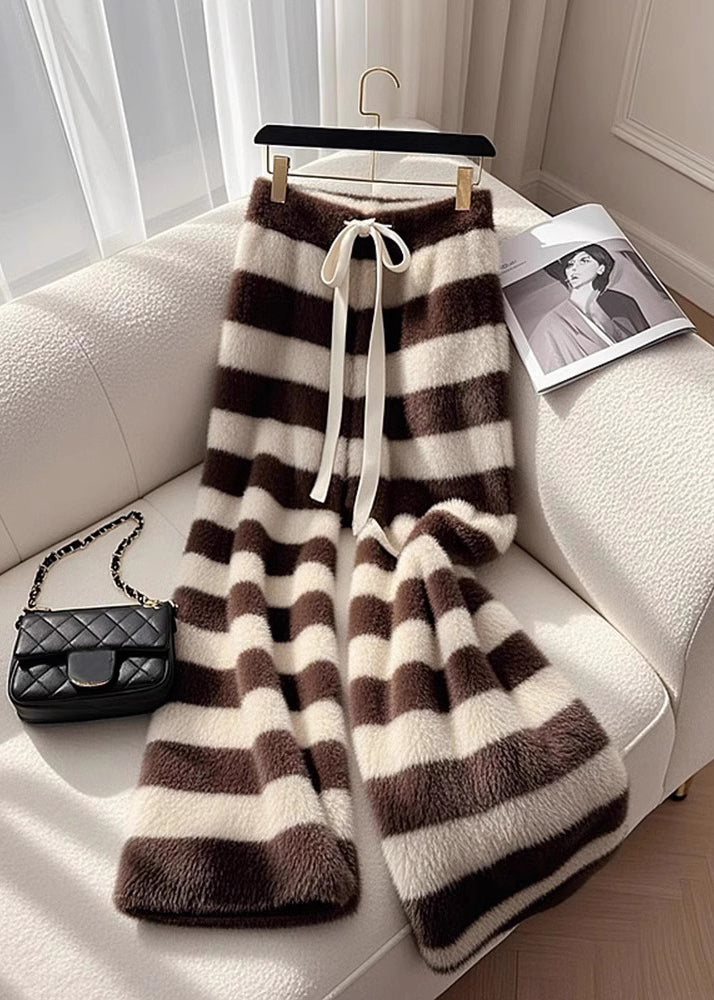 Casual Cozy Coffee Striped Fuzzy Fur Pants Spring