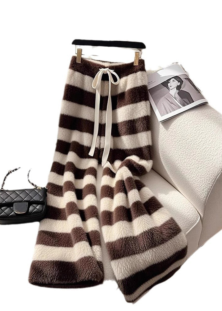 Casual Cozy Coffee Striped Fuzzy Fur Pants Spring