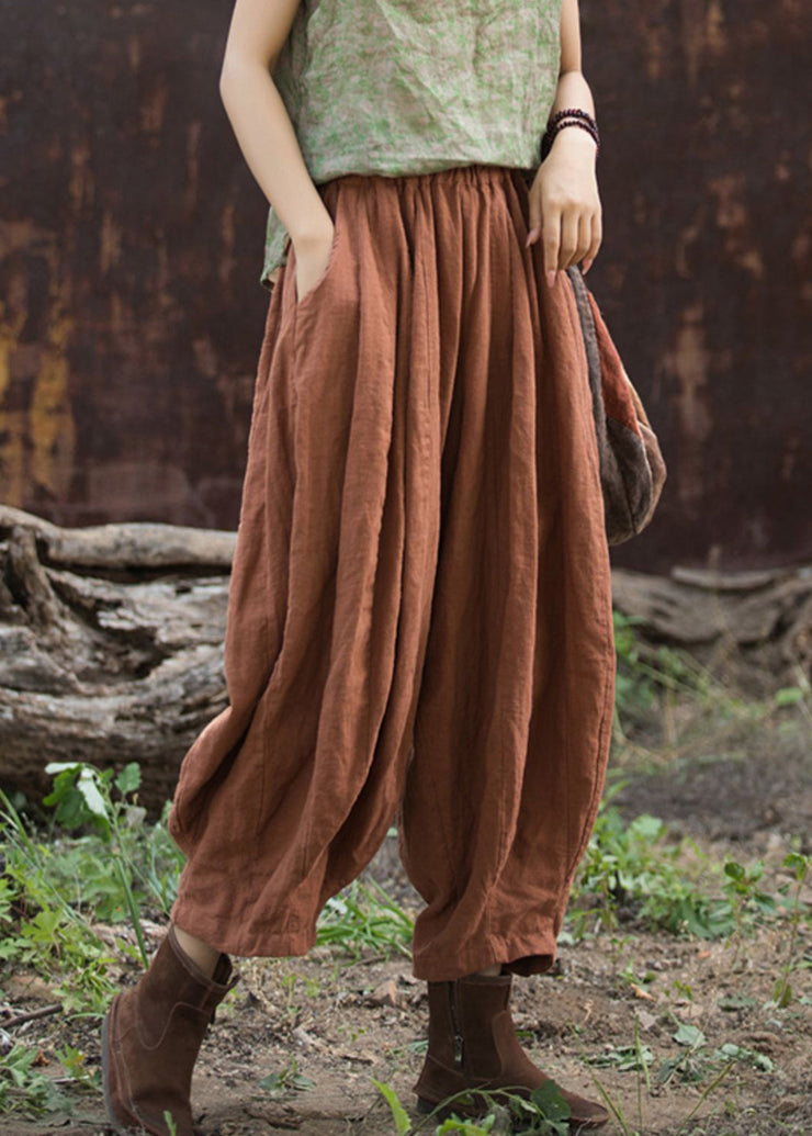 Casual Cozy Linen Pockets Elastic Waist Cotton Crop Pants Summer