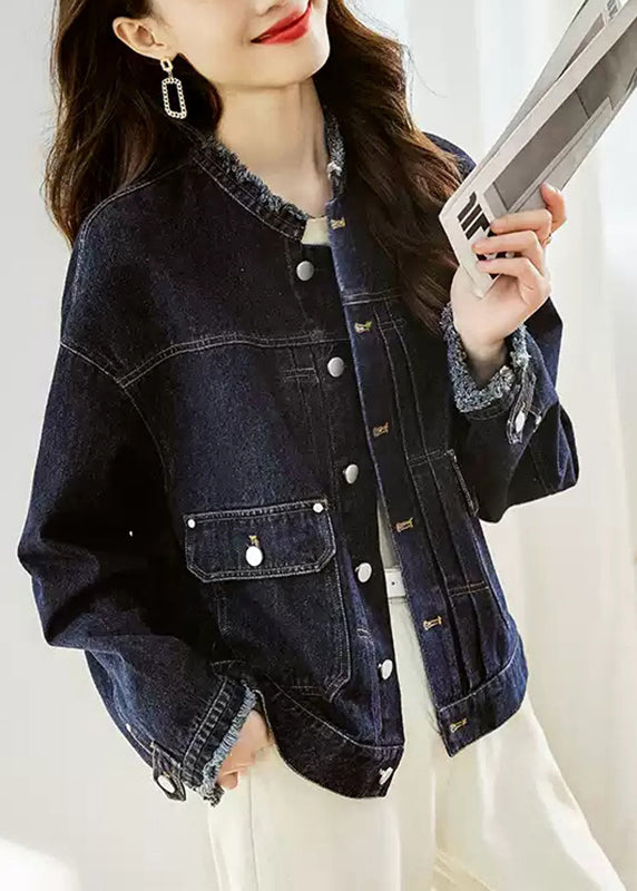 Casual Dark Blue O-Neck Pockets Patchwork Denim Coats Fall