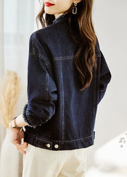 Casual Dark Blue O-Neck Pockets Patchwork Denim Coats Fall