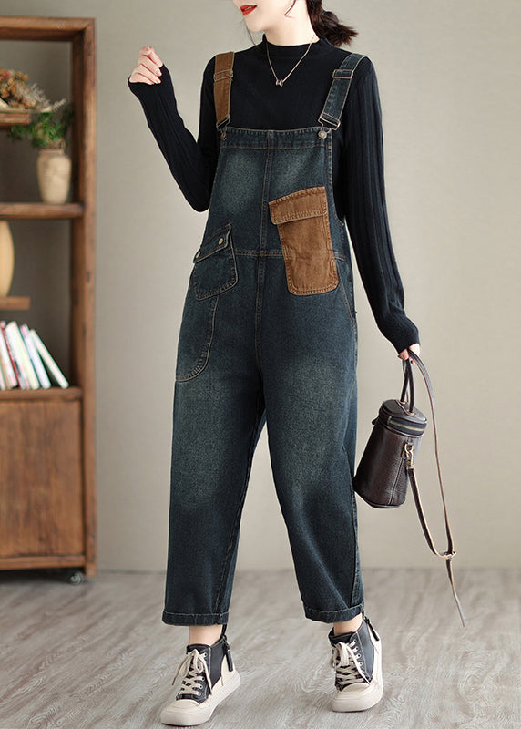 Casual Dark Blue Pockets Patchwork Denim Jumpsuits Spring