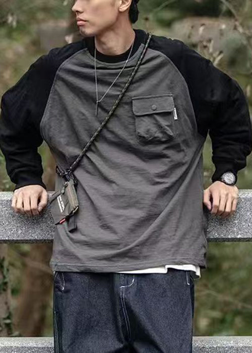 Casual Dark Gray O Neck Pockets Patchwork Cotton Men T Shirts Spring