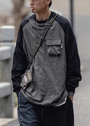 Casual Dark Gray O Neck Pockets Patchwork Cotton Men T Shirts Spring