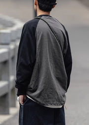 Casual Dark Gray O Neck Pockets Patchwork Cotton Men T Shirts Spring