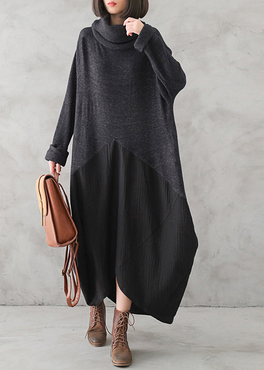 Casual Dark Gray Turtleneck Button Linen Patchwork Knit Long Dress Fall