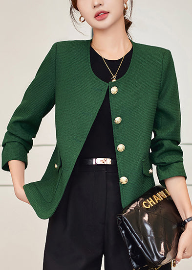 Casual Dark Green O-Neck Golden Buttons Cotton Coats Spring